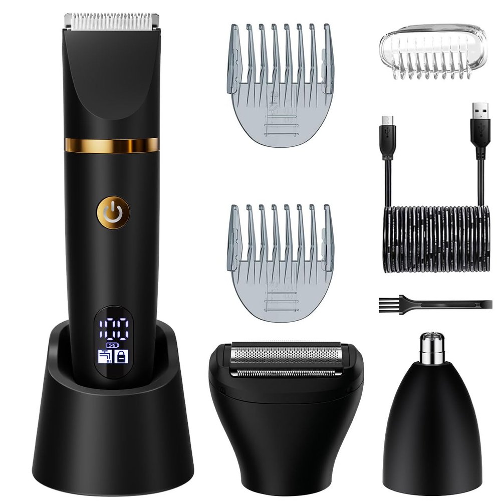 Zivelier Ball Shaver for Men, 3-in-1 Multifunction Body Hair Trimmer & Pubic Shaver with Titanium Blades (No Nicks!), IPX7 Waterproof Electric Razor, LED Display, Wet/DryBlack