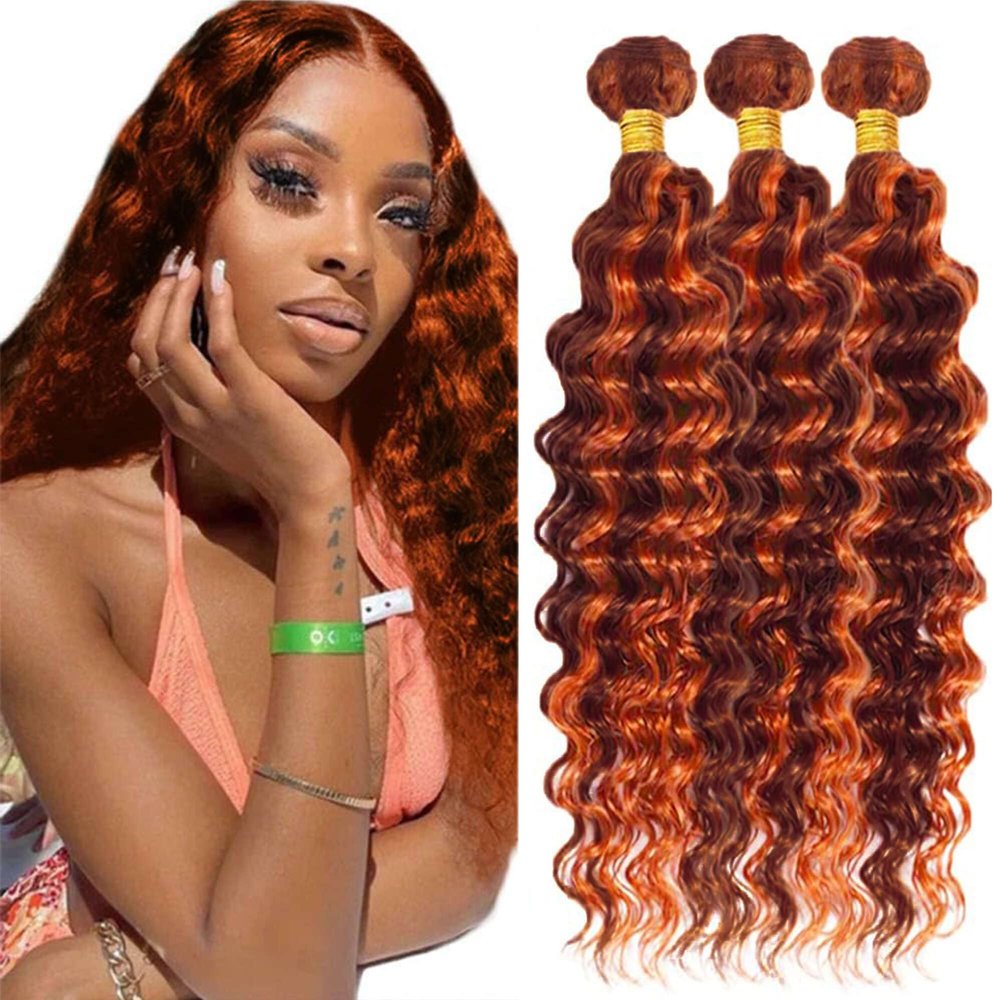 P33/350 Deep Wave Human Hair Bundles 32 32 32 Inches Ombre Orange Brown Highlight Reddish Brown 3 Bundles 33 Copper Mixed with 350 Ginger Bundle Human Hair Extension