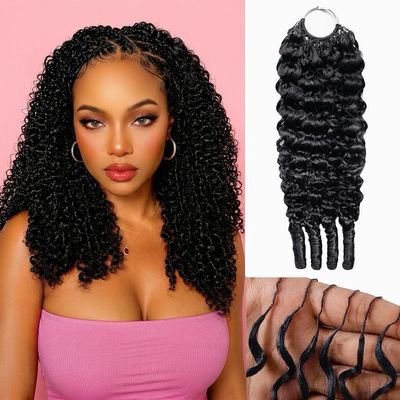 Burmese Curly Human Crochet Hair for Black Women 14Inch, Pre-Separated Feather Lightweight Reusable Crochet Human Hair Bundles 60g, Water Wave Miracle Knots Crochet Human Hair Extensions Natural Black