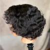 Lantianlvye Short Bob 4C Edge 13X4 HD Transparent Lace Front Wig Natural Black Water Wave Pre Plucked 100% Virgin Human Hair Glueless Brazilian Remy Hair Wig 180% Density For Black Woman 8 Inches view 3