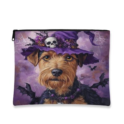 Halloween Airedale Terrier Dog Makeup Bag 7x9 Inch for Travel Purse, Fun Gothic Witch Bat Pattern Cosmetic Pouch for Women, Witchy Portable Canvas Zipper Organizer