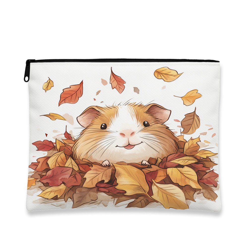 Fall Guinea Pig Makeup Bag 7x9 Inch for Travel Purse, Cute Autumn Maple Leaf Pattern Cosmetic Pouch for Women, Country Farm Portable Canvas Zipper Organizer