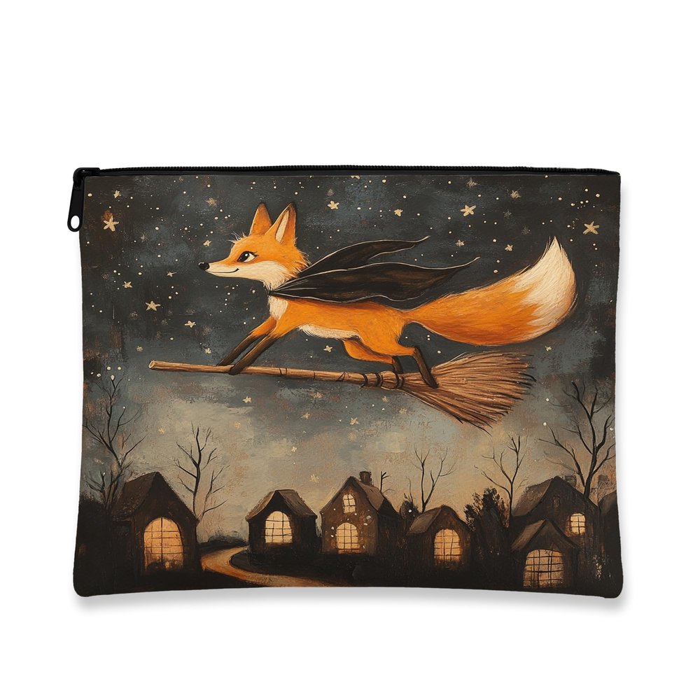 Fanciful Fox Makeup Bag, Nighttime Broomstick Cosmetic Travel Pouch for Women, Portable Canvas Zipper Organizer 7x9 Inch