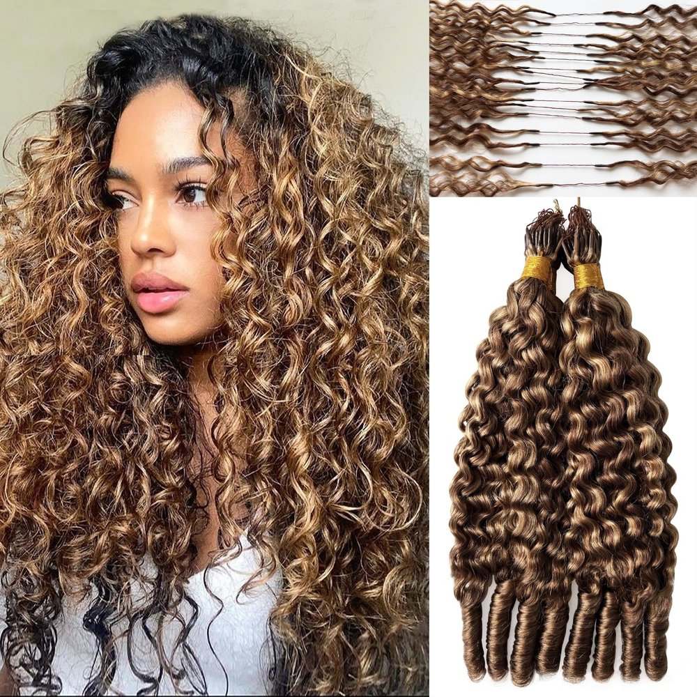 Burmese Curly Feather Human Crochet Hair for Black Women #4/27 Ombre Blonde and Brown 50g Pre-Separated Looped Invisble Curly Bundles Human Hair 22 Inch Lightweight Reusable Remy Hair Extensions
