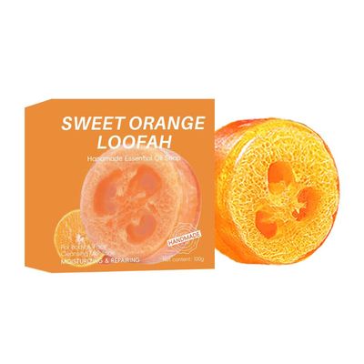 Sweet Orange Loofah Essential Oil Soap Handmade Exfoliating Body Face Cleanser Moisturizing Repairing Bath Soap for All Skin Types 100g