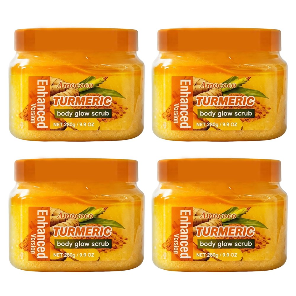 Amococo 4Packs Turmeric Body Scrub, Botanical Skin Cleanser for Dullness & Uneven Tone, Gentle Exfoliating Scrub for Smooth & Glowing Skin Texture, 9.8 oz*4
