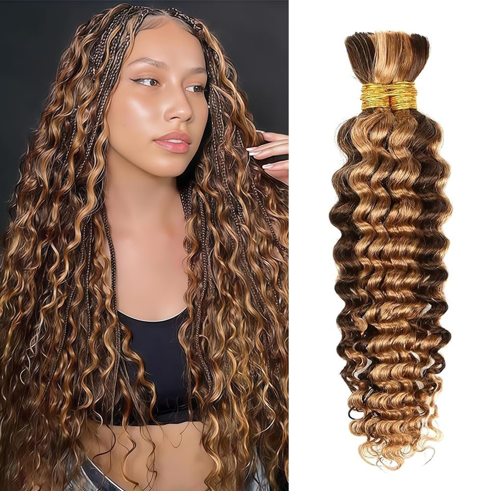 NiegMeag Human Braiding Hair for Boho Braids 4/27 Highlight Ombre Deep Wave Bulk Human Hair 24 24 Inch Honey Blonde Curly Wave Human Hair Extensions 2 Bundles/Pack