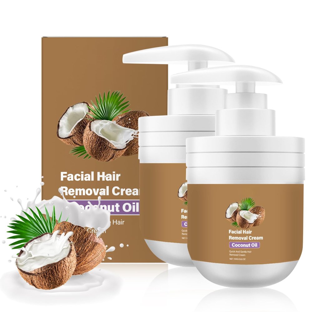 Facial Hair Removal Cream for Women, Coconut Oil Depilatory Cream for Upper Lip, Chin, Arms & Legs, Gentle Non-Irritating Hair Removal Cream, 3.53 oz (2PCS)