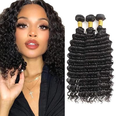 #1B Deep Wave Bundles Human Hair 24 26 28 Inch Unprocessed Brazillian Virgin Remy Hair 3 Bundles 150 Gram Natural Black Deep Wave Human Hair Extensions
