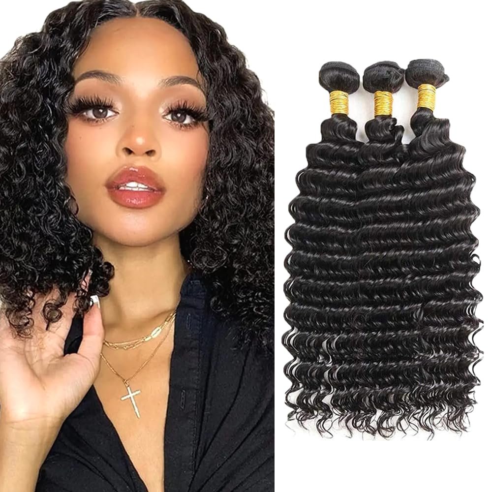 #1B Deep Wave Bundles Human Hair 24 26 28 Inch Unprocessed Brazillian Virgin Remy Hair 3 Bundles 150 Gram Natural Black Deep Wave Human Hair Extensions