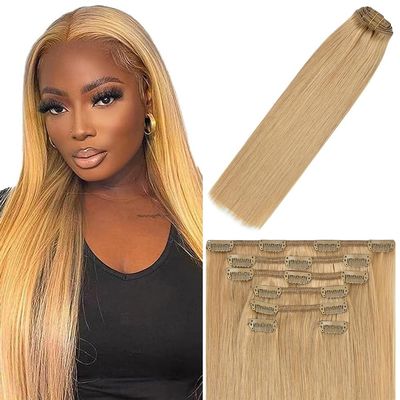 #27 Blonde Straight Clip in Hair Extensions,28 Inch Soft Real Human Hair,Honey Blonde Straight Clip ins 120g 7pcs Per,Brazilian Remy Color #27 Human Hair Extensions.