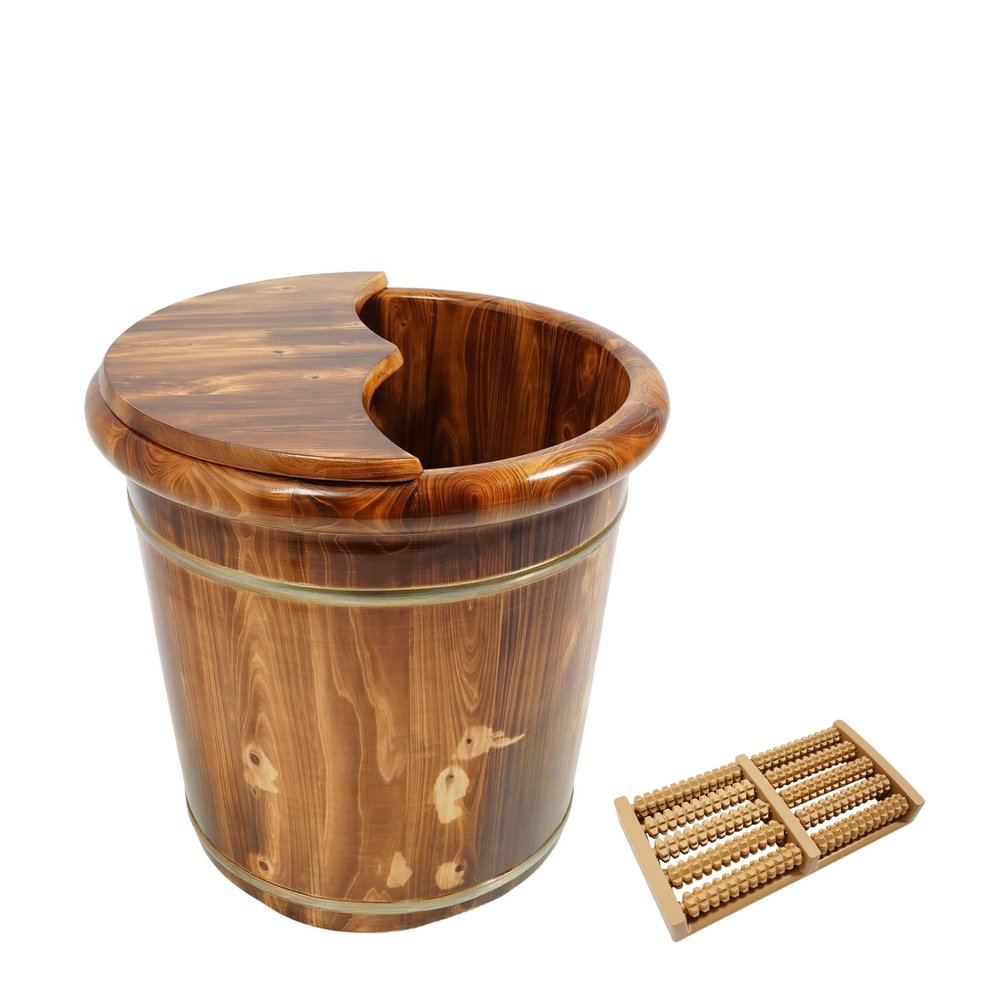 NKLOKSD Wood Foot Bath Bucket with Lid, 15.8'' Thickened Wooden Foot Bath Tub with Massage Beads Plate Pedicure Bowl Soaking Tub for Relaxation, Massage Soles, Home Spa, Insulated