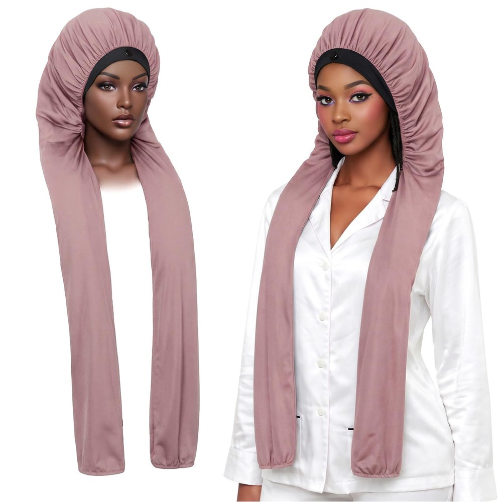 QFGasre Bonnet for Sleeping Long Satin Bonnet Braids Hair Bonnets for Women 2 in 1 Long Braids Protector UV Shield Soft Breathable and Smoothy Water-Resistant Pink