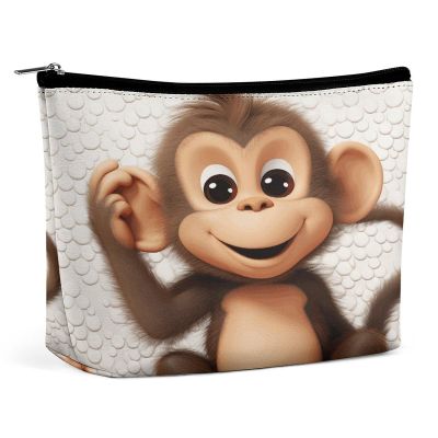 FekiLoot Cosmetic Bag for Women Cute Monkey Print Makeup Bag PU Leather Makeup Pouch Aesthetic Travel Toiletry Bags Portable Compact Makeup Zipper Pouch for Daily Essentials
