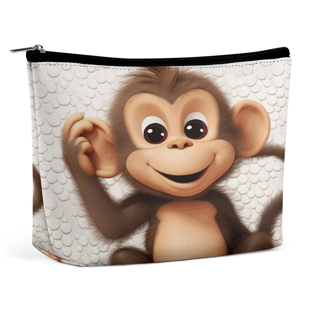 FekiLoot Cosmetic Bag for Women Cute Monkey Print Makeup Bag PU Leather Makeup Pouch Aesthetic Travel Toiletry Bags Portable Compact Makeup Zipper Pouch for Daily Essentials