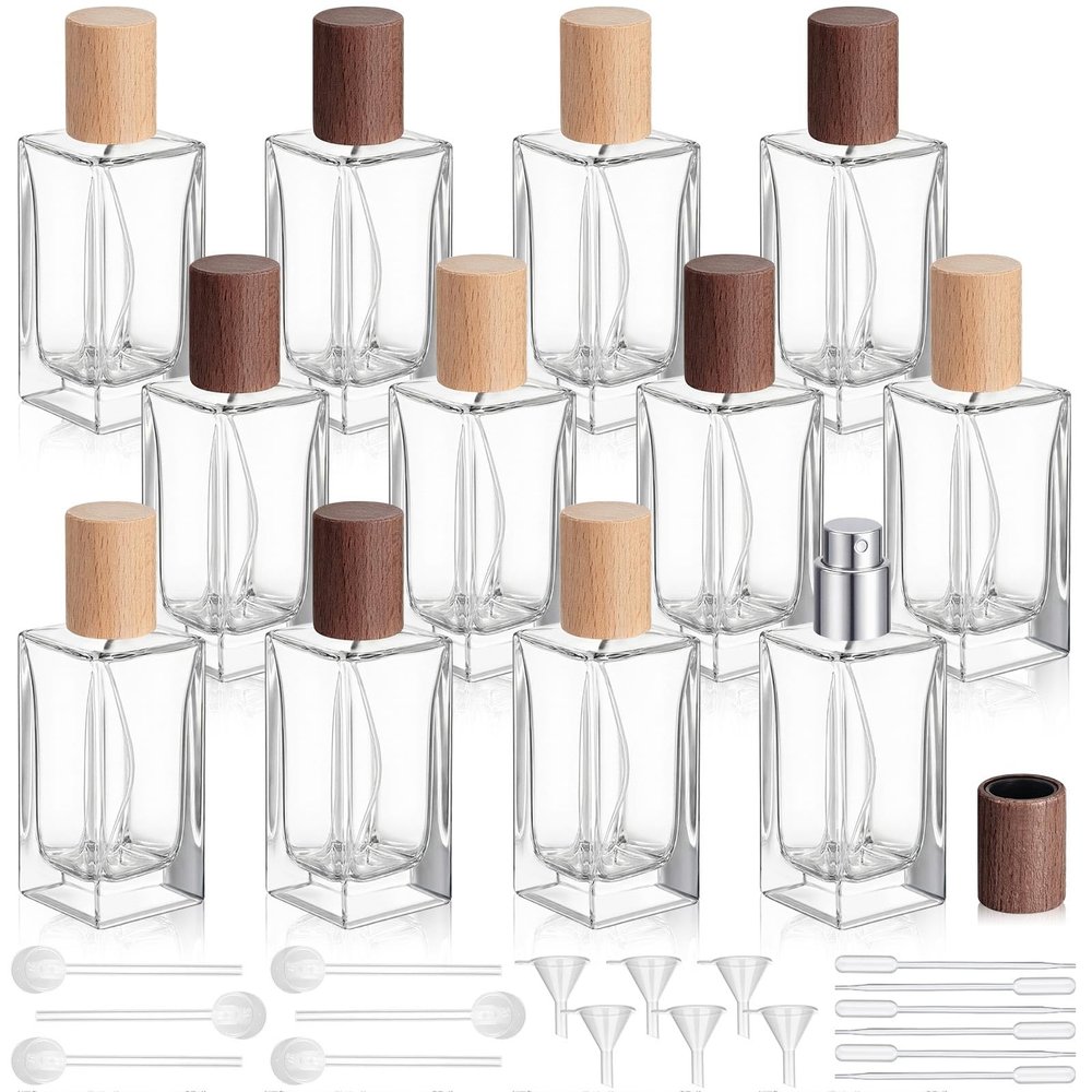 Teenyyou 12 Pack 50 ml Empty Square Perfume Bottles Refillable, Beech Lid