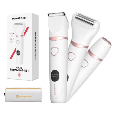 Bikini Trimmer for Women, Electric Razors Waterproof Cordless Rechargeable MAXGROOM 3 in 1 Pubic Hair Trimmer Women, LED Display, Electric Bikini Razor for Ladies Pubic, Body, Face, Legs (White)