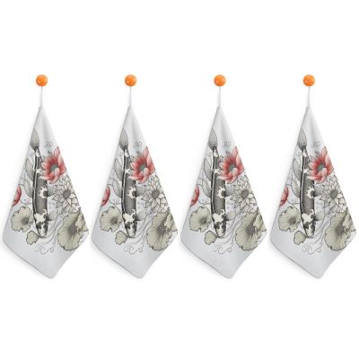 Fish Japanese Carp Lotus Leaves Flower Washcloth with Hanging Loop Quick Dry Microfiber Hand Towel Highly Absorbent Wash Cloth Reusable Makeup Remover Cloth Soft Feel Fingertip Towel for Bathroom