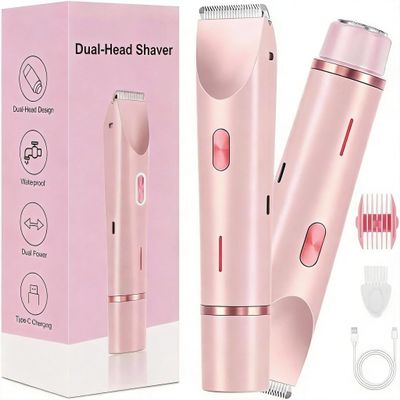 Dermave Bikini Shaver,2 in 1 Dual Head Bikini Trimmer for Women,Cordless & IPX7 Waterproof Electric Razors Wet & Dry Use,Painless Hair Removal(Light Pink)