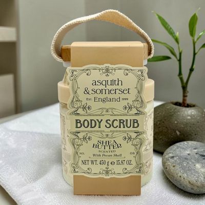 Asquith & Somerset Body Scrub with Wooden Brush, Shea Butter, Pecan Shell, 15.87 oz