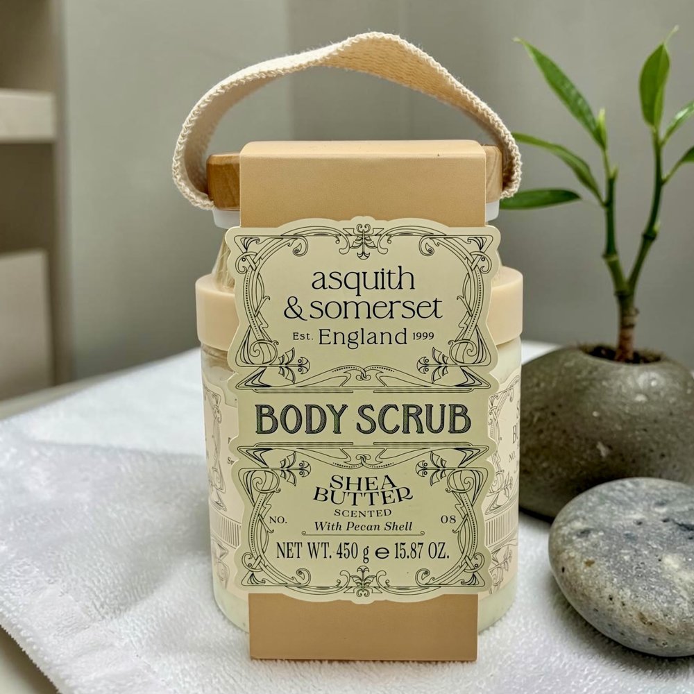 Asquith & Somerset Body Scrub with Wooden Brush, Shea Butter, Pecan Shell, 15.87 oz