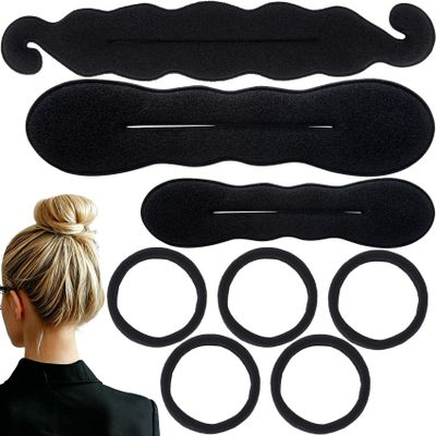 Alpinleux 8 Pcs Hair Bun Maker Set, 3 Sizes Sponge Bun Maker Hair Updo Shaper, Bun Styling Tools with 5 Hair Ties for Women French Bun Donuts - Black