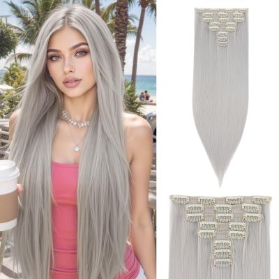 S-noilite 8pcs Clip In in Hair Extension Long Striaght Hairpieces for Women Double Weft Synthetic Hair Piece 18Inch GREY