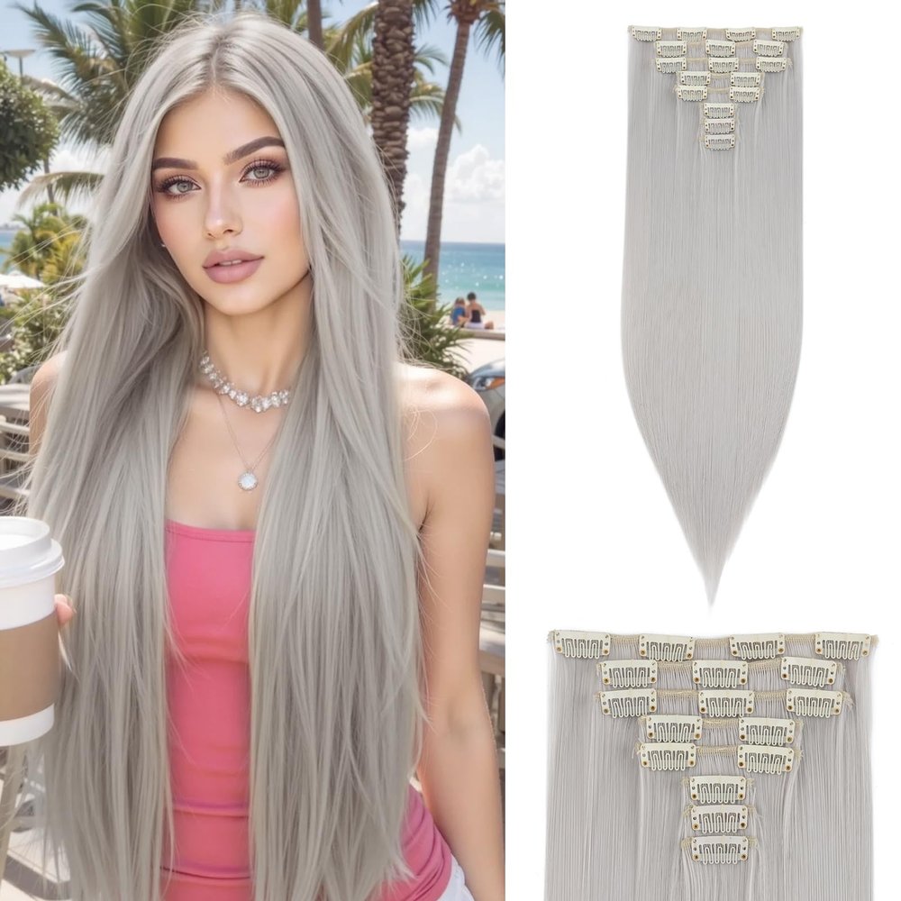 S-noilite 8pcs Clip In in Hair Extension Long Striaght Hairpieces for Women Double Weft Synthetic Hair Piece 18Inch GREY