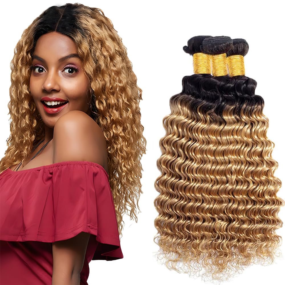 SQYKELIL 1B/27 Human Hair Bundles Ombre Deep Wave Bundles 18 20 22 Inch