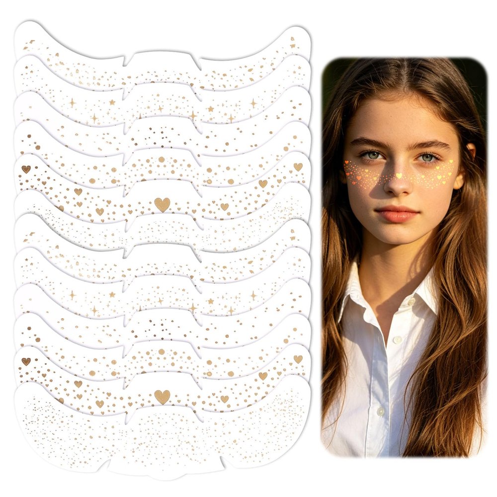12pcs Face Temporary Tattoo Stickers, Sparkle Freckles Makeup Patches Shiny Star Dot Face Tattoo Jewelry for Women Rave Concert Festival Party Supplies Accessories (Gold, 6 Styles)