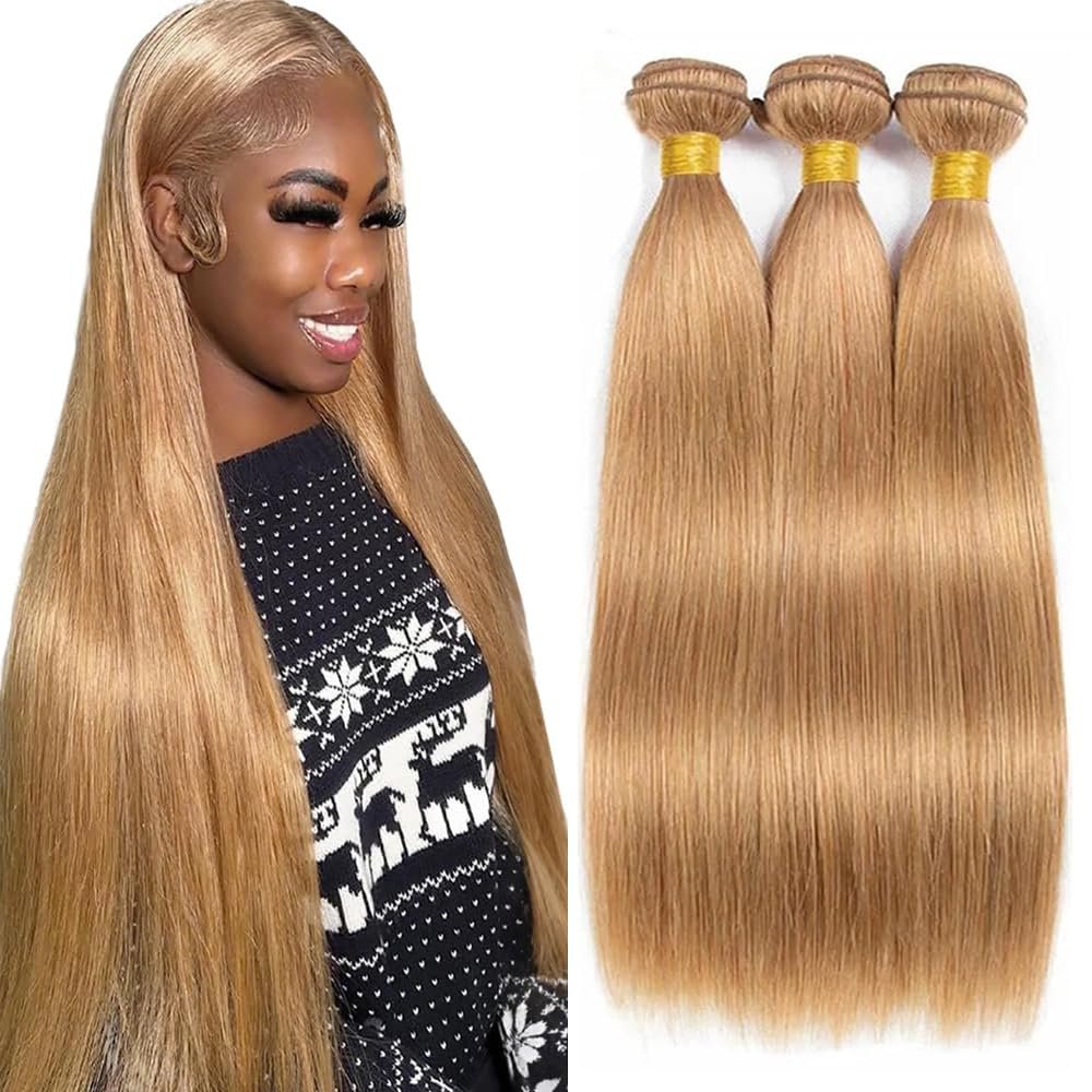 Honey Blonde Bundles Straight Human Hair 26 28 30 Inch Color 27 Straight Bundles Double Weft Unprocessed Brazilian Virgin Remy Hair Extensions Color #27 Bundle For Women