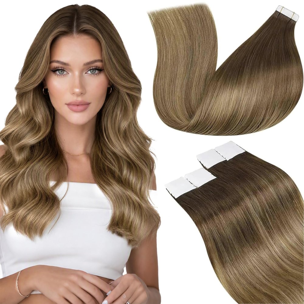 LaaVoo Tape in Extensions Human Hair Balayage Tapes on Hair Extensions Light Brown to Golden Brown Hair Extension Tapes in Real Human Hair 22inch 50g 20pcs