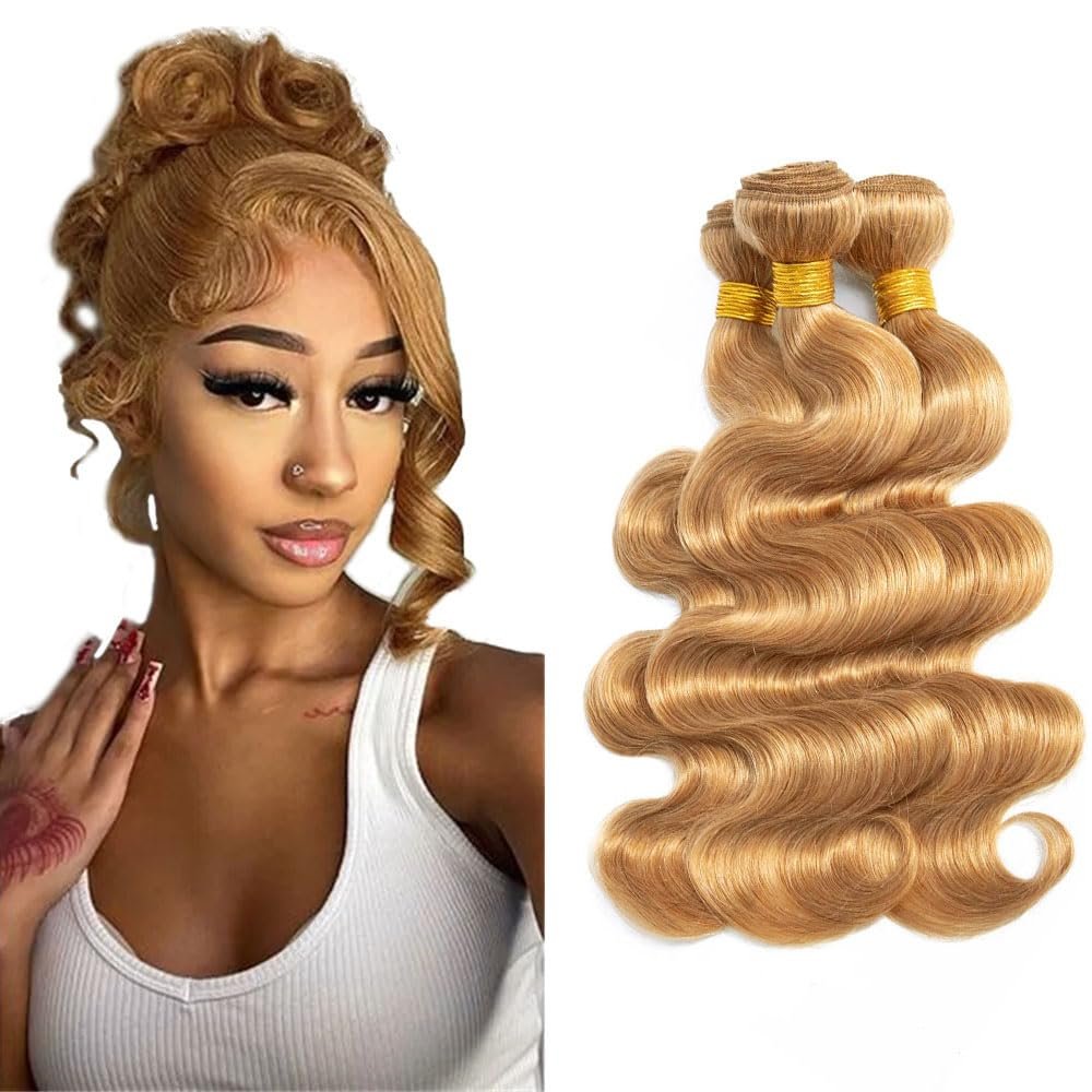 Golden Blonde Bundle Color #27 Body Wave Human Hair Bundles Honey Blonde Body Wave Bundles Human Hair 12 14 16 Inch 50 Gram Per Bundle