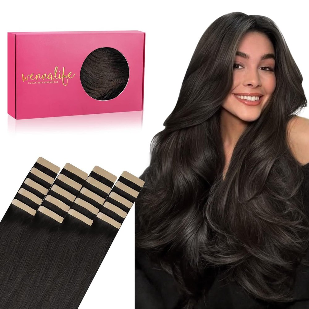 WENNALIFE Tape in Hair Extensions Human Hair, 20pcs 50g 20 Inch Dark Brown Remy Straight Skin Weft - 28-Curve