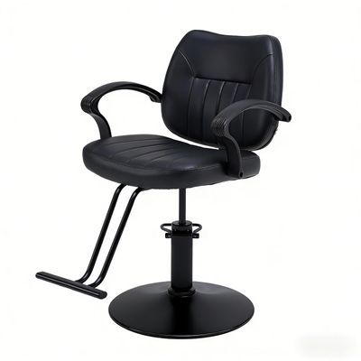 ZeHuoGe Pure Black Stitched Salon Chair, Hydraulic Barber Chair with Channel Tufted Backrest & Seat, Round Base, Armrest, Circular Metal Tube Foot Pedal, for Hair Stylist