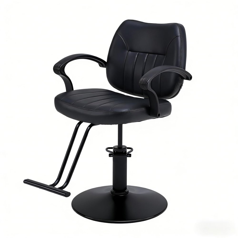 ZeHuoGe Pure Black Stitched Salon Chair, Hydraulic Barber Chair with Channel Tufted Backrest & Seat, Round Base, Armrest, Circular Metal Tube Foot Pedal, for Hair Stylist