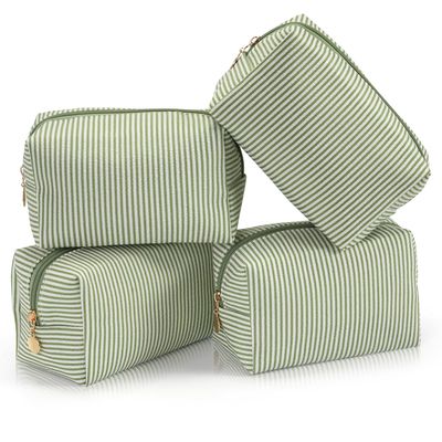 UUYUUY Makeup Bag Set for Women, 4PCS Travel Cosmetic Bags Pencil Case, Striped Seersucker Toiletry Organizer Pouches, Cute Makeup Pouch for Purse, Accessories and Gifts, Green