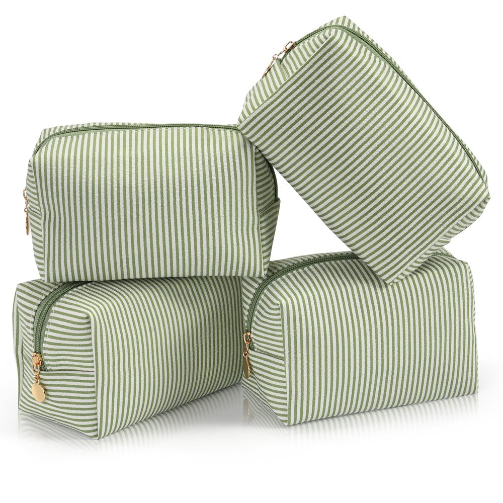 UUYUUY Makeup Bag Set for Women, 4PCS Travel Cosmetic Bags Pencil Case, Striped Seersucker Toiletry Organizer Pouches, Cute Makeup Pouch for Purse, Accessories and Gifts, Green