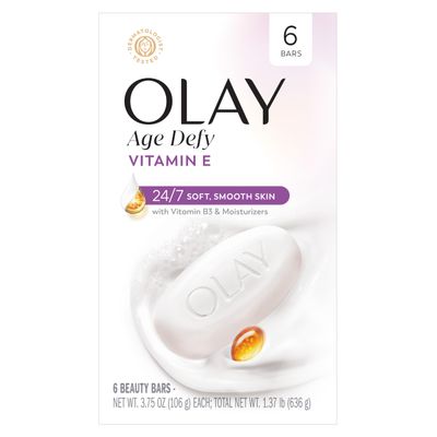 Olay Beauty Bar, Age Defying, 10x More Moisturizers, 24/7 Soft & Smooth Skin, Rich Lather, Vitamin E & Vitamin B3 Complex, For All Skin Types, Shea Butter Scent, 3.75 oz, (6 Count)