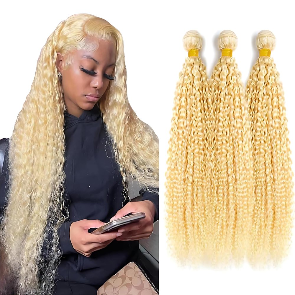 FYZENOX 613 Blonde kinky Curly Human Hair Bundles 08 10 12 Inch Unprocessed Brazilian Virgin Hair Blonde Curly Wave Extensions Soft Double Weft Weave for Women