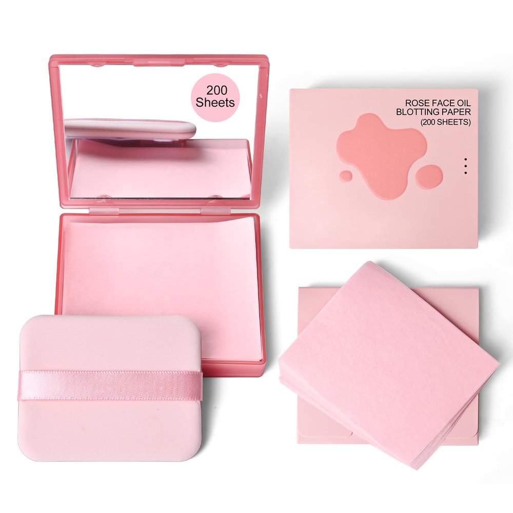 KYDA 200 Sheets Rose Face Oil Blotting Paper, Included Refills, Mirror and Puff, Oil Absorbing Sheets for Matte Makeup, Controls Shine, Absorb Excess Oil, Travel Size Gentle Face Makeup