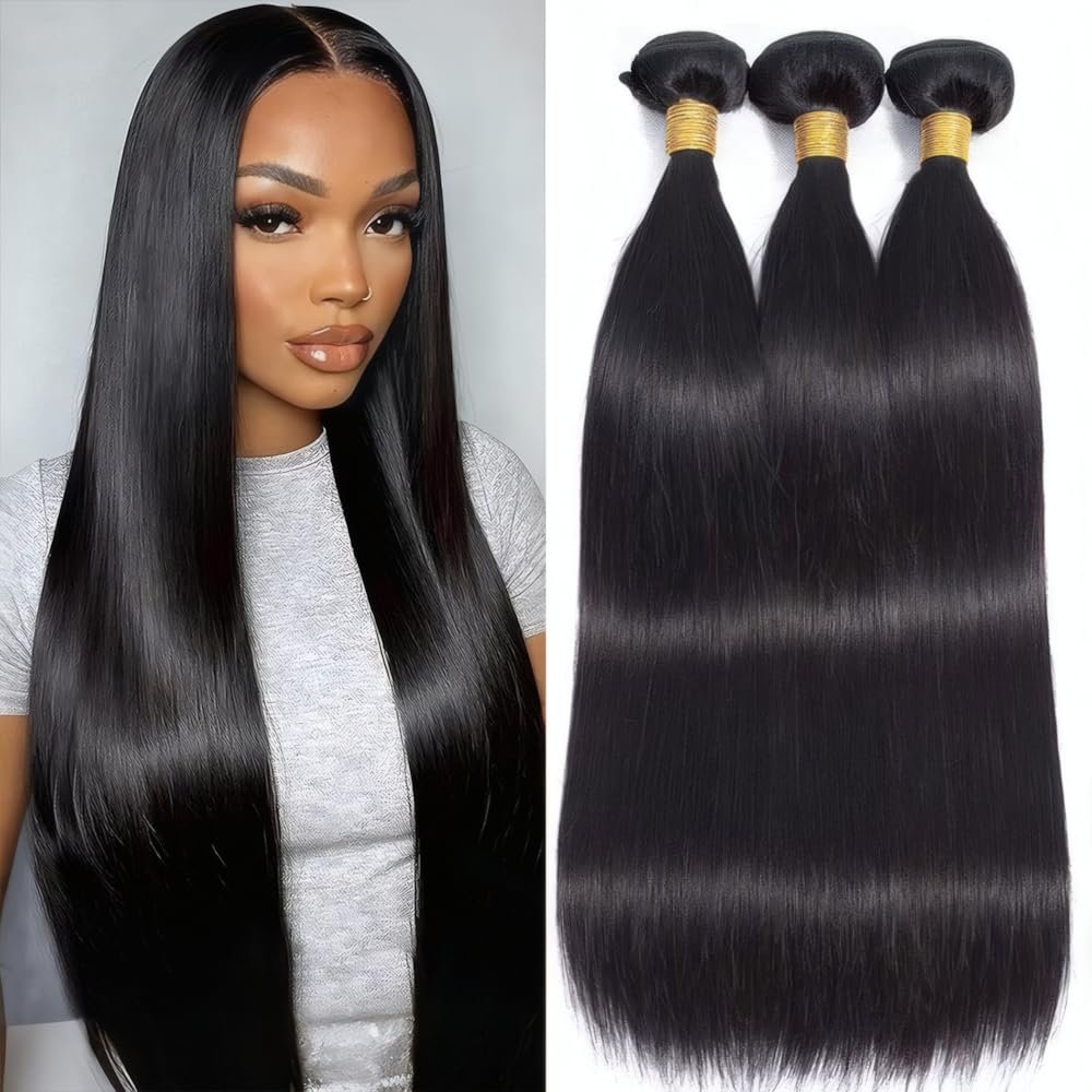 LYKELTA 1B Black Straight Bundles Human Hair 26 28 30 Inch 3 Bundles Quick Weave Extensions Natural For Women Brazilian Virgin Hair Natural Black Clean Ends No Dry Or Rough Tips