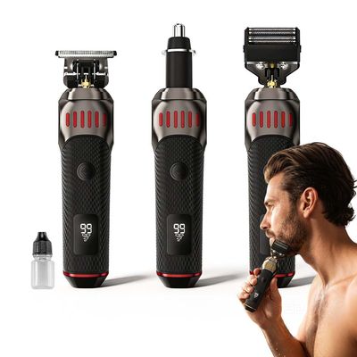 Cordless 3-in-1 Electric Beard Trimmer Kit, Rechargeable Mustache and Nose Grooming Set for Men, Hair Clipper with Guide Combs (Red)