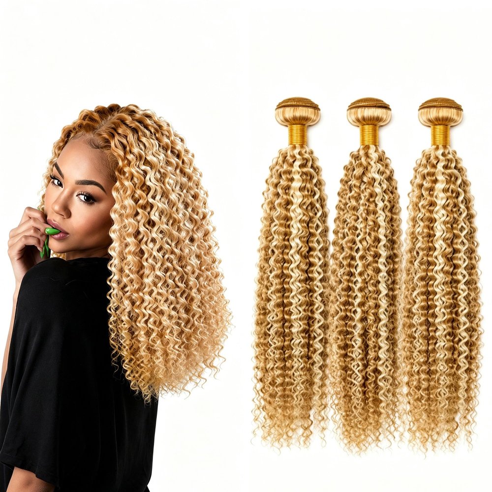 QEUOPE P27/613 Highlight Human Hair Blonde Kinkycurly Bundles 20 22 24 inch