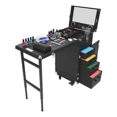 Portable Cosmetic Trolley Storage Organizer with 4 Removable Drawers, Foldable Nail Table with Speakers, 110.23lbs Maximum Load Capacity for Hair Stylists, Pet Groomers, Makeup Artists