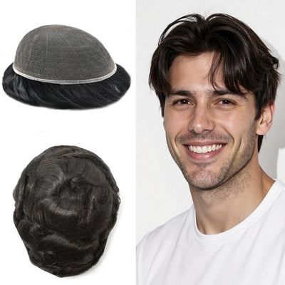 Swiss Lace Mens Toupee Hair Replacement System Full Lace European Hair Toupee for Men Natural Men Hair System 1B20# Off Black with 20% Synthetic Grey, 6x9''-80% light density