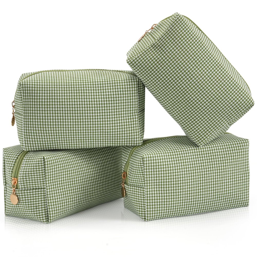 UUYUUY Makeup Bag Set for Women, 4PCS Travel Cosmetic Bags Pencil Case, Checkered Seersucker Toiletry Organizer Pouches, Cute Makeup Pouch for Purse, Accessories and Gifts, Green Gingham