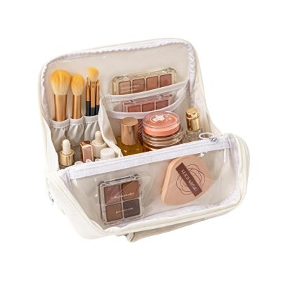 Travel Makeup Bag, Large Capacity Standing Cosmetic Bags, Multi Compartment Cosmetic Organizer Bag with Handle, Waterproof Portable Toiletry Bag for Women (White)