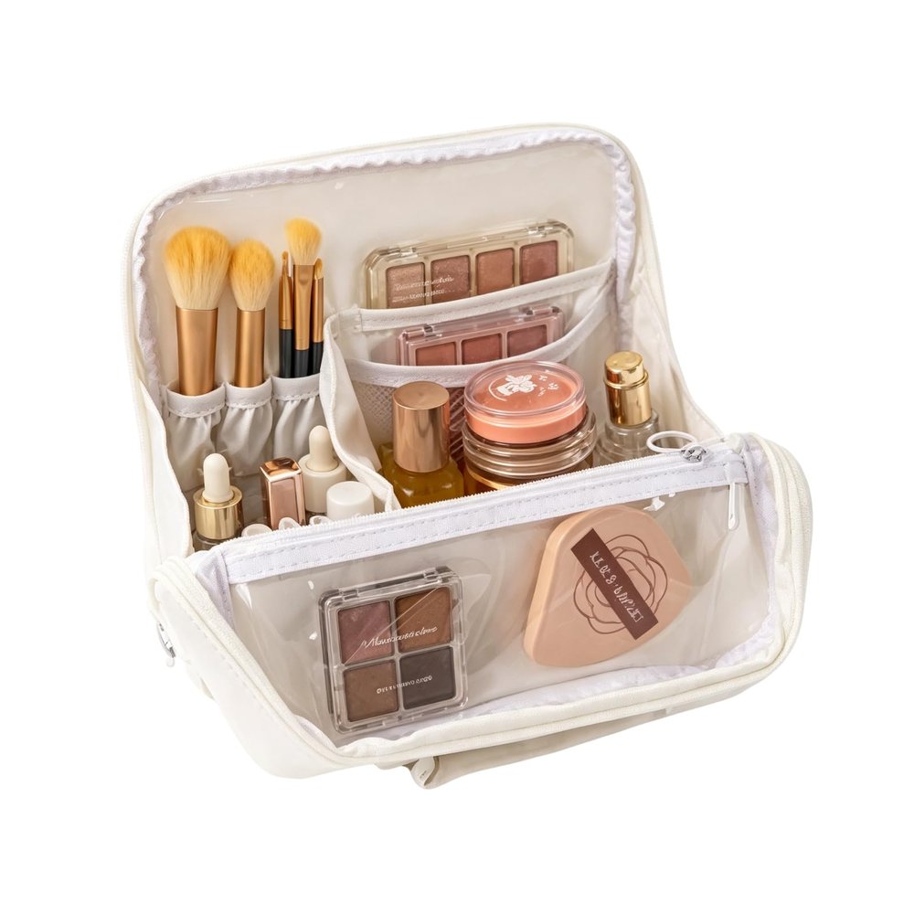 Travel Makeup Bag, Large Capacity Standing Cosmetic Bags, Multi Compartment Cosmetic Organizer Bag with Handle, Waterproof Portable Toiletry Bag for Women (White)