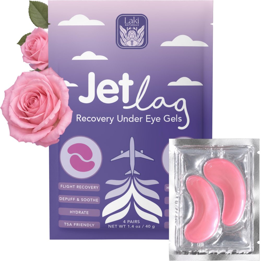 Laki Naturals Jet Lag Recovery Under Eye Gels (4 Pairs) Hydrogel Eye Masks for Travelers - Depuff, Hydrate & Brighten After Flying